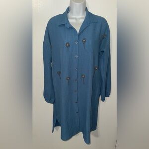 Blue Button-Up Shirt with Embellishments Flowers